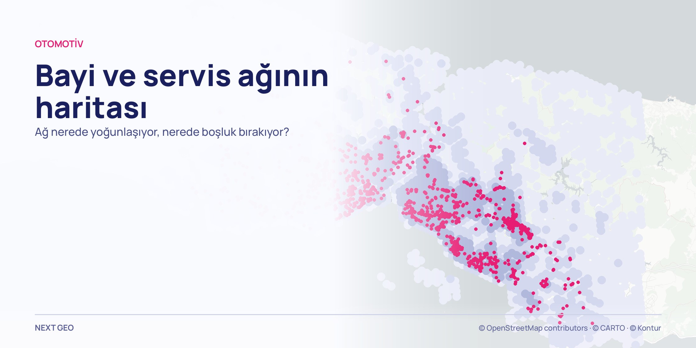 Açık gri İstanbul il haritası; soluk mavi nüfus dokusunun üzerine otomotiv noktaları pembe olarak sanayi koridorlarında yoğunlaşıyor.
