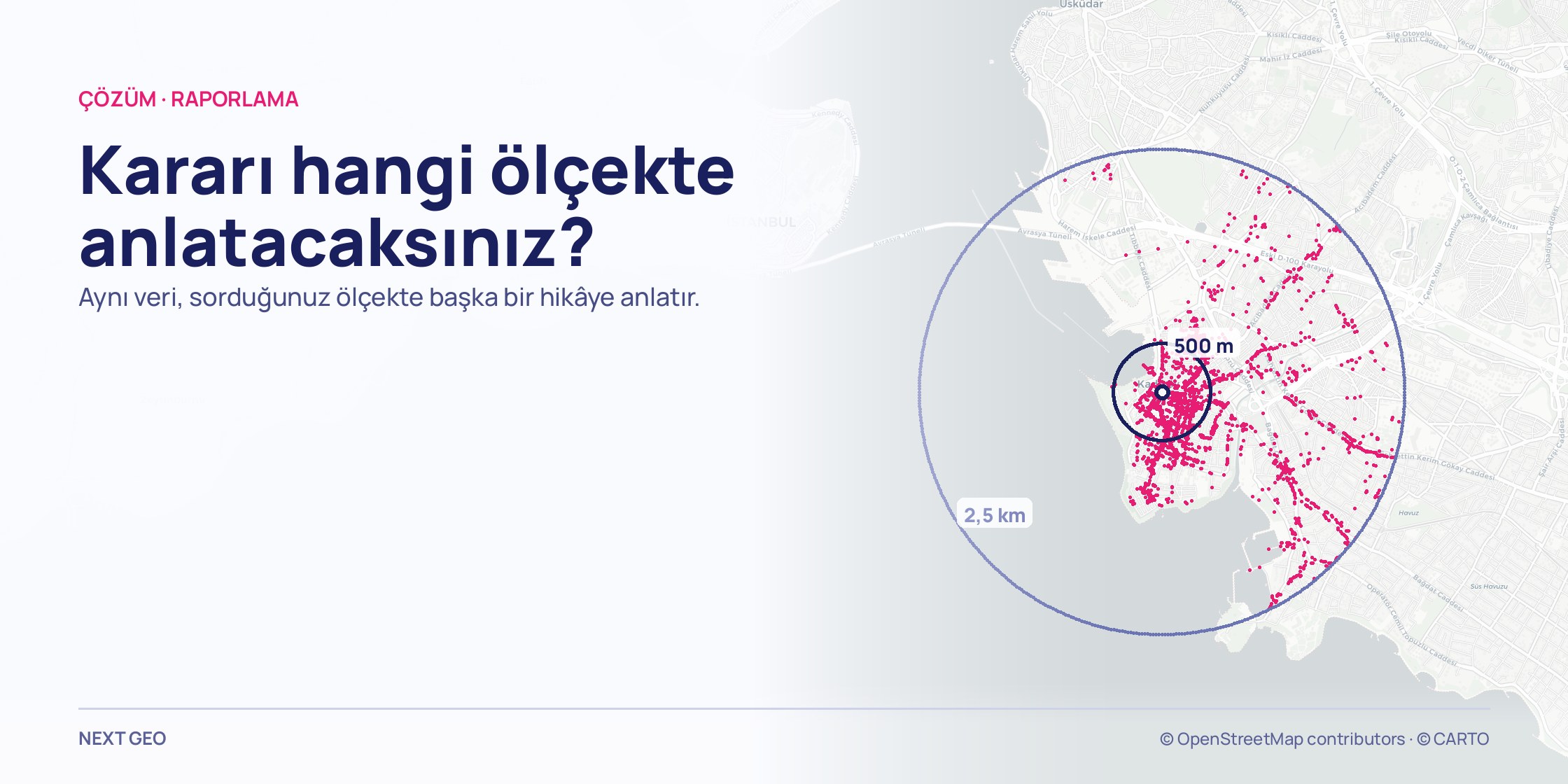 Açık gri Kadıköy haritası; aynı merkez etrafında iç içe iki çember, aralarını pembe noktalar dolduruyor.