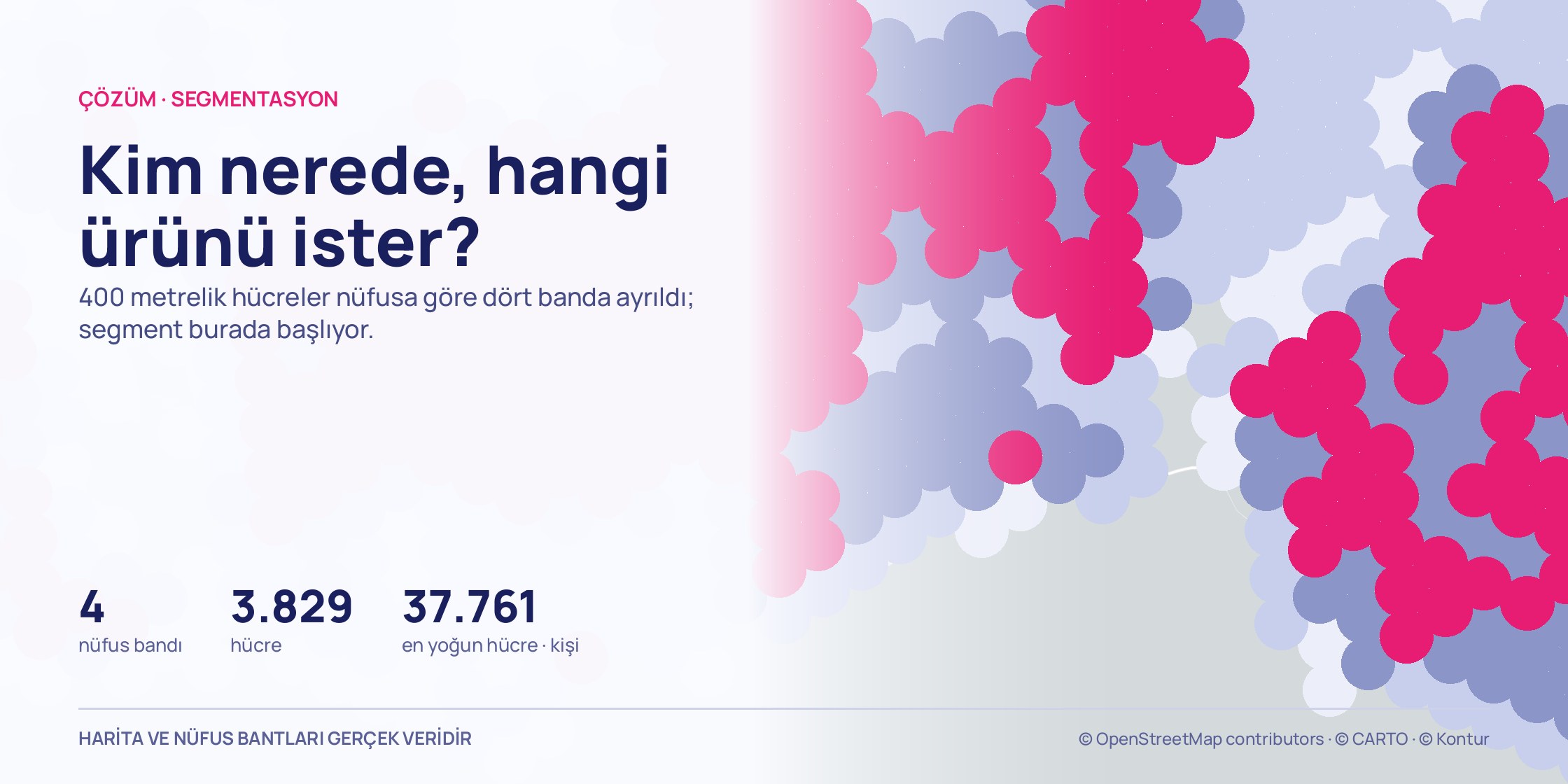 Nüfusa göre dört renge boyanmış 400 metrelik hücreler; en yoğun bant pembe, en seyreği neredeyse beyaz.