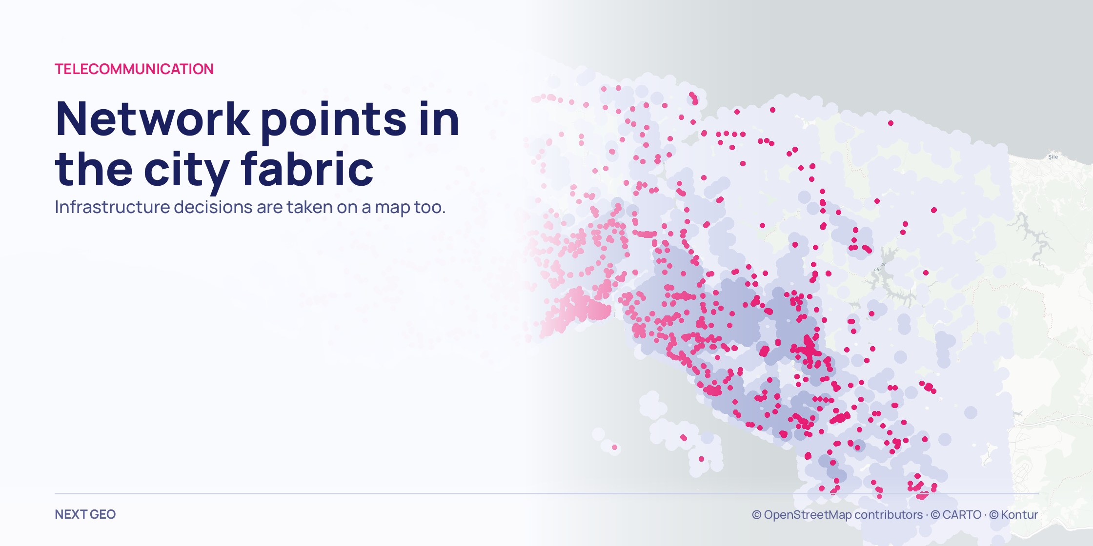 A pale grey map of Istanbul province; over a soft blue population field, telecom points scattered in pink.