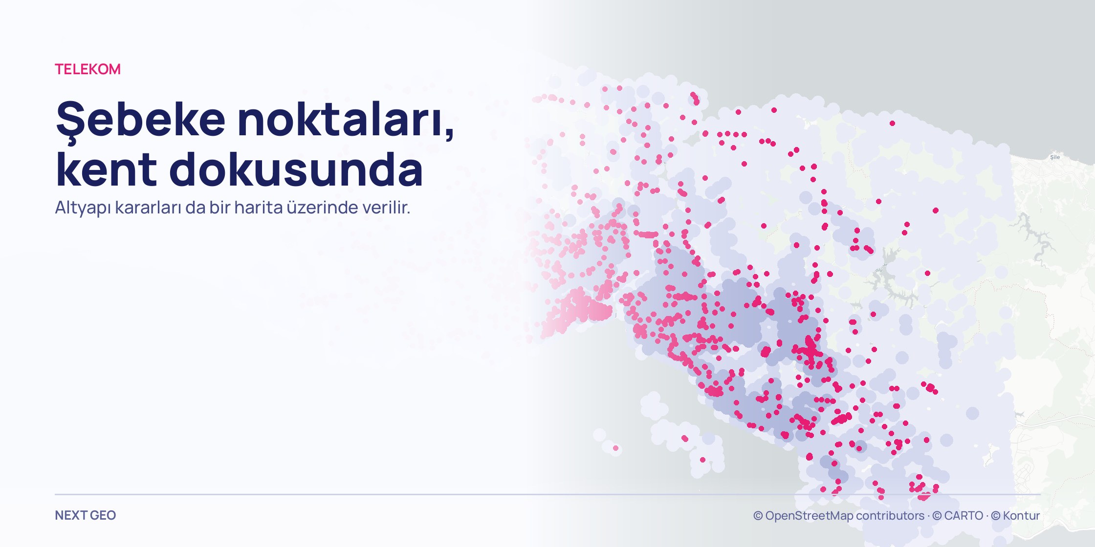 Açık gri İstanbul il haritası; soluk mavi nüfus dokusunun üzerine telekom noktaları pembe olarak dağılmış.