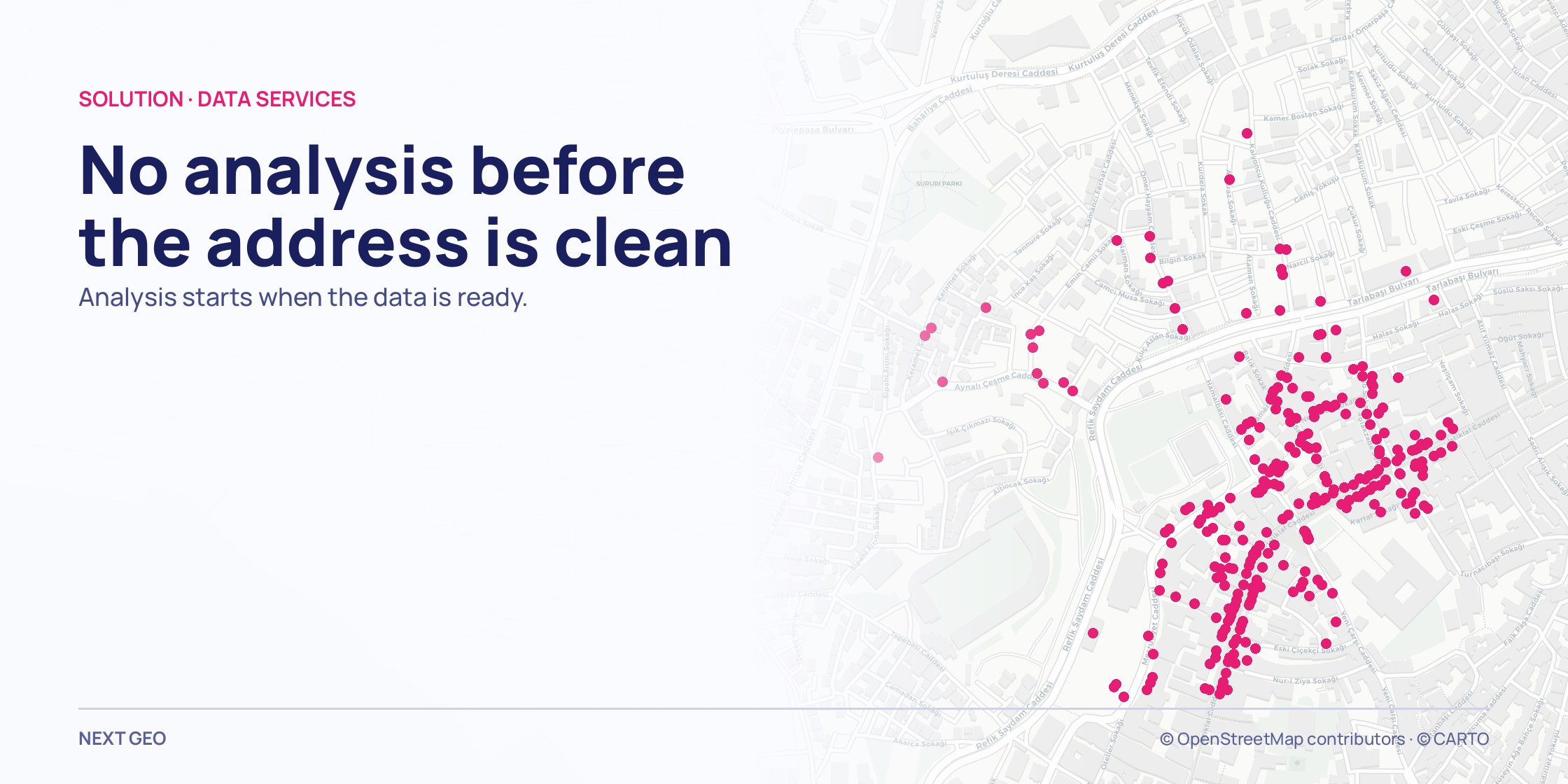 A very close pale grey street map; large pink dots, many of them sitting on top of one another.
