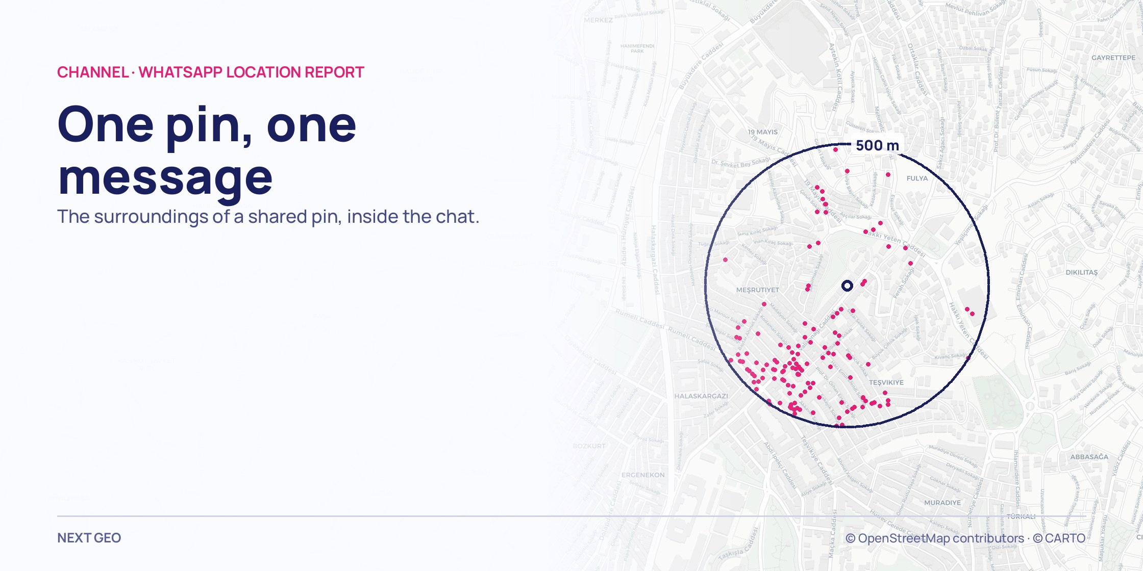 A pale grey map of Şişli; a navy circle around one shared pin and the pink points inside it.
