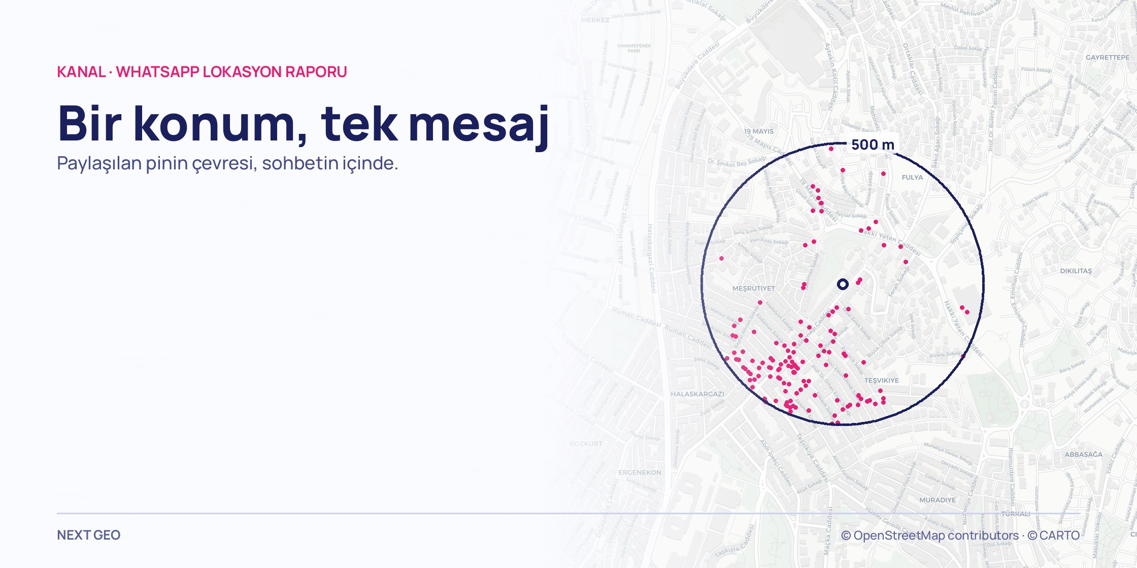 Açık gri Şişli haritası; paylaşılan bir pinin çevresinde lacivert bir çember ve içindeki pembe noktalar.