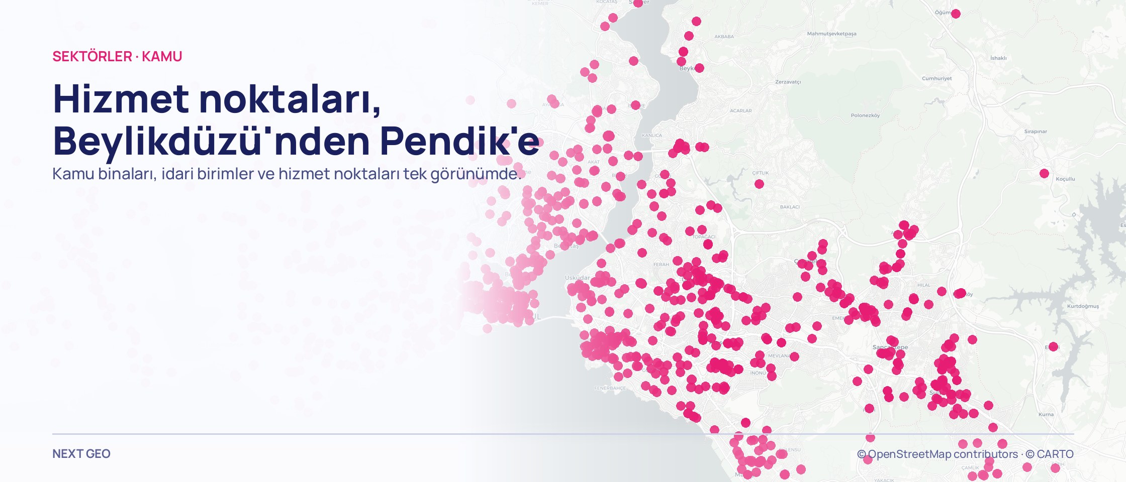 Carto-light İstanbul haritası üzerinde kamu hizmet noktalarının pembe nokta bulutu.