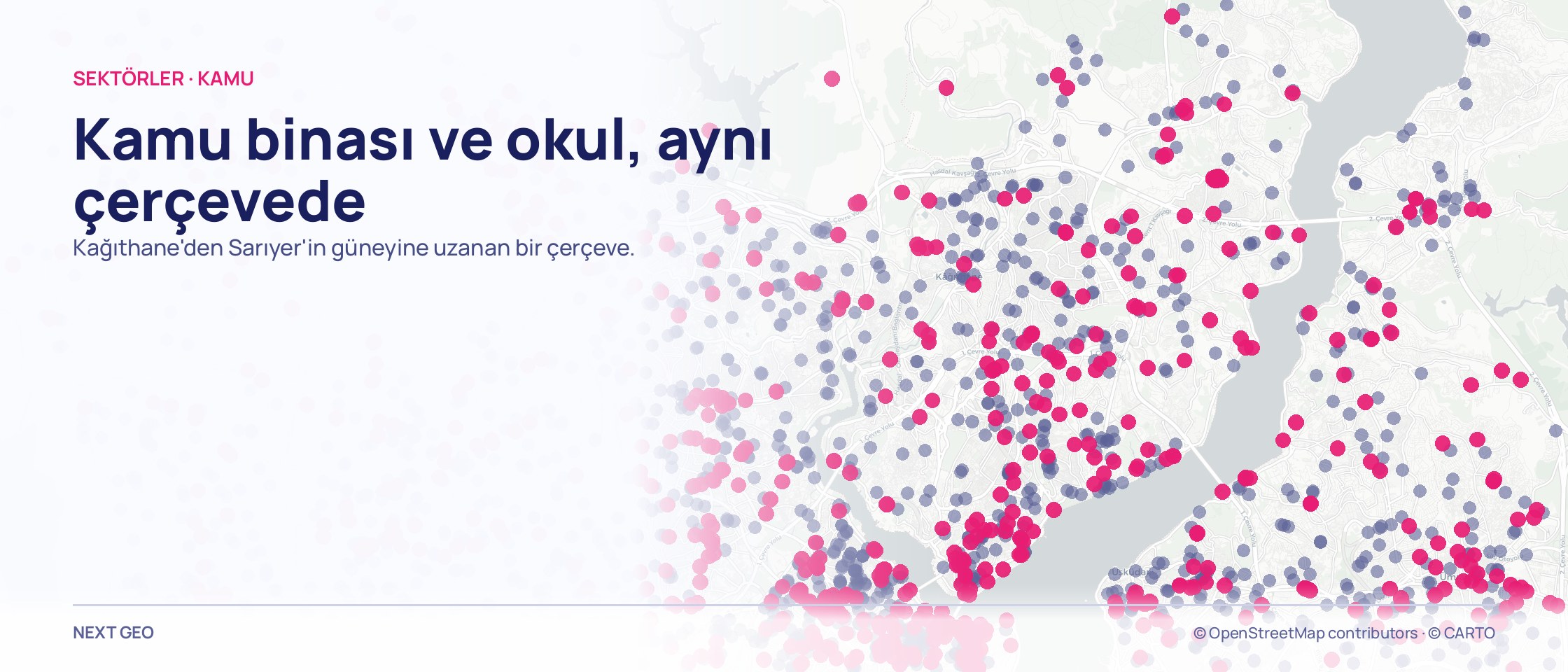 Kağıthane–Şişli çerçevesinde pembe kamu noktaları ve lacivert eğitim noktalarından oluşan iki katmanlı harita.