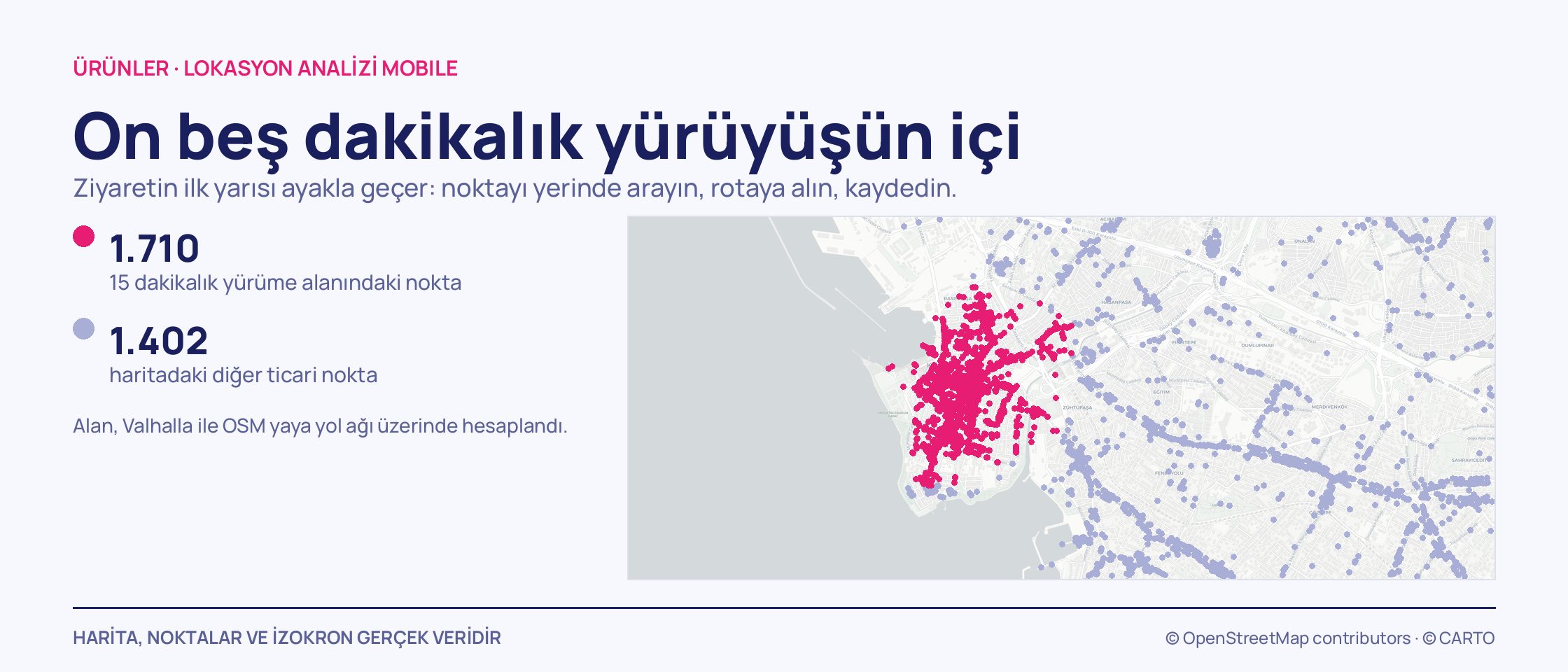 Kadıköy haritasında soluk mor noktalarla kaplı bir alanın ortasında, sokakları izleyerek yayılan düzensiz pembe bir nokta kümesi: on beş dakikalık yürüme alanı.