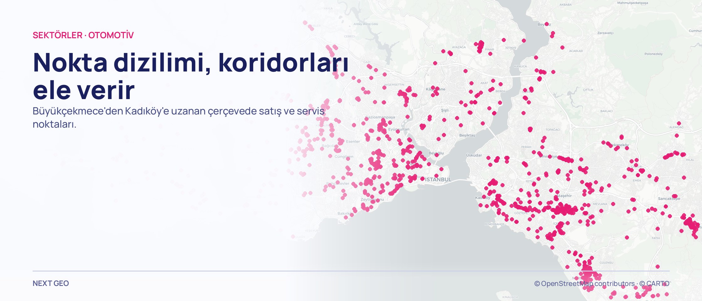 Büyükçekmece–Kadıköy çerçevesinde pembe otomotiv noktalarından oluşan bulut.