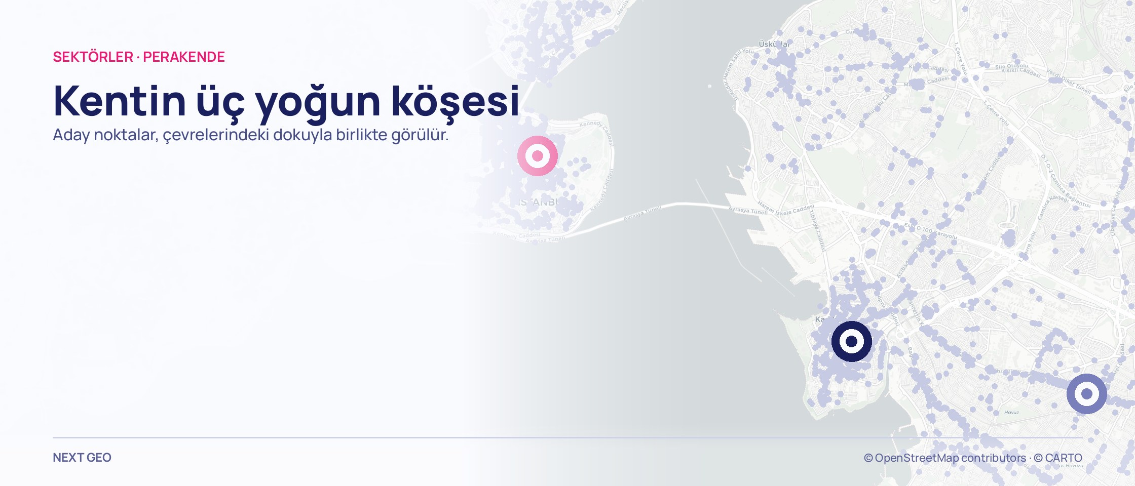 Tarihî yarımada ve Kadıköy'ü kapsayan haritada soluk mor perakende noktaları; üç ayrı noktada pembe, lacivert ve mor hedef işaretleri.