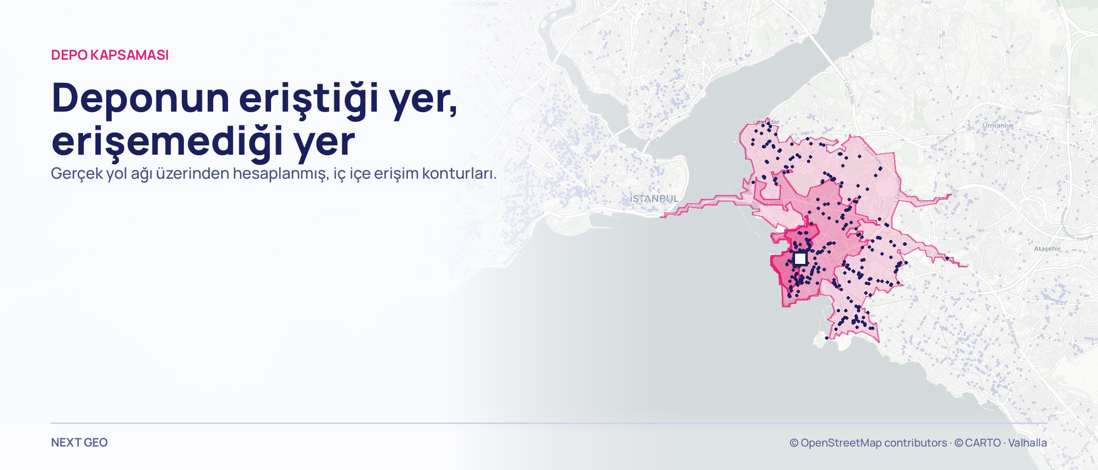 Açık gri Kadıköy haritasında kare bir depo işaretinin çevresinde iç içe üç sürüş alanı; içine düşen adresler koyu mavi, dışında kalanlar soluk.