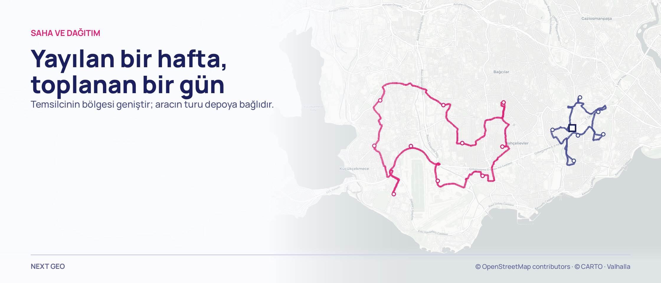 Açık gri Küçükçekmece–Bahçelievler haritasında iki rota: solda geniş bir alana yayılan pembe tur, sağda lacivert kare bir depo işaretinden çıkan toplu lacivert tur.