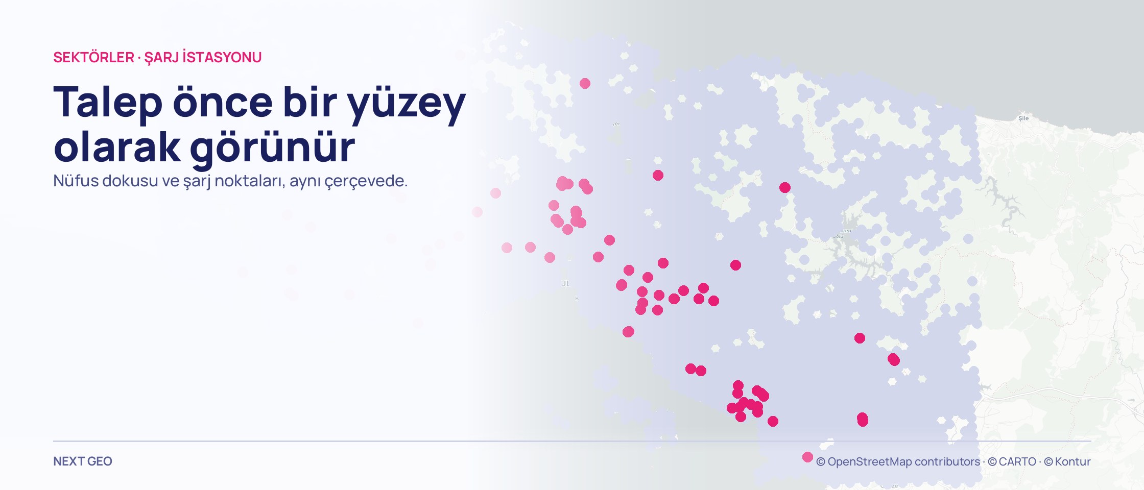 Açık gri il haritasında yerleşimi çizen soluk mor nüfus kütlesi ve üzerine dağılmış pembe şarj noktaları.