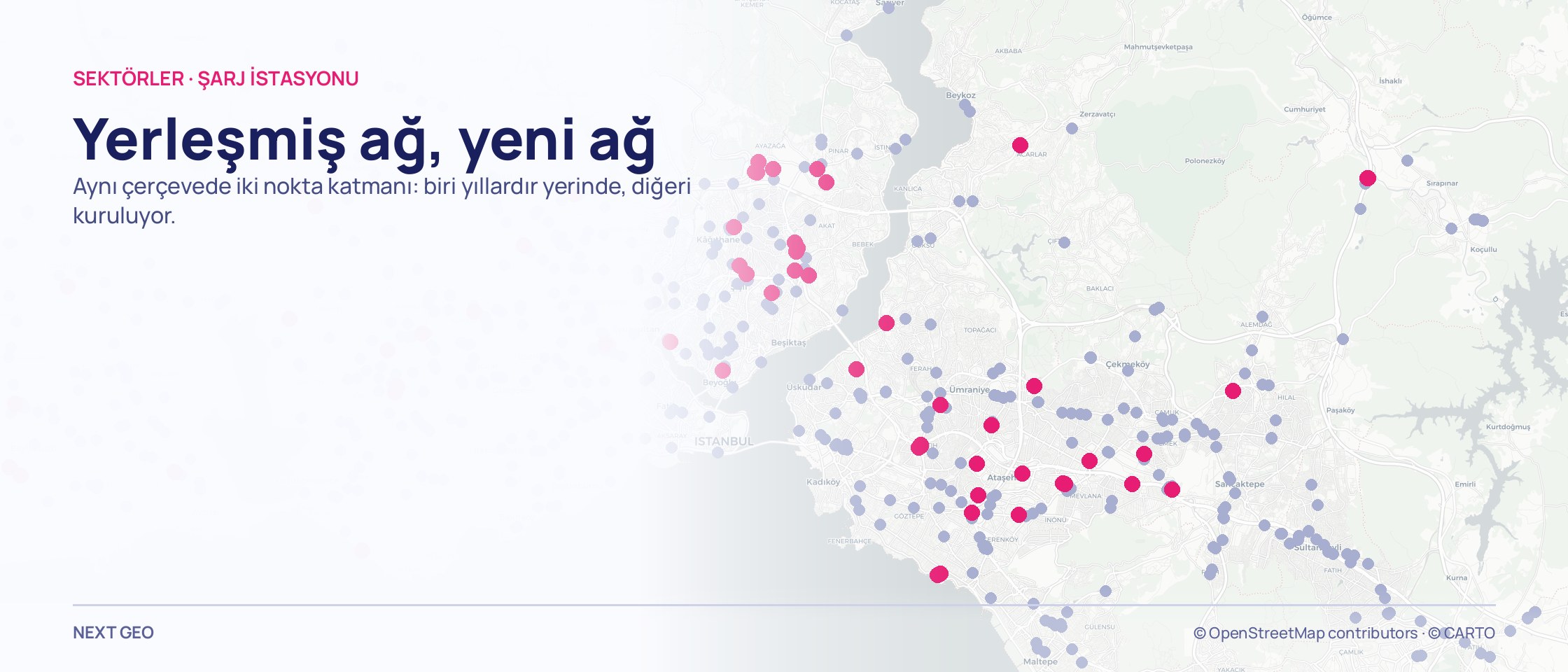 Metro İstanbul haritasında yaygın soluk mor akaryakıt ağı ve arasına dağılmış pembe şarj noktaları.