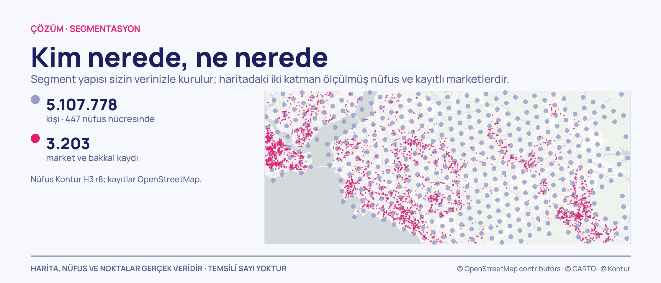 Anadolu yakası görünümünde soluk mor nüfus hücrelerinden oluşan bir ızgara ve üzerine serpilmiş küçük pembe market noktaları.
