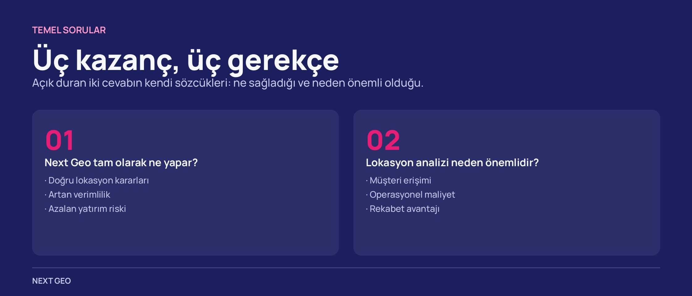 Koyu zeminde iki sütun: birinci cevaptan üç kazanç, ikinci cevaptan üç gerekçe.