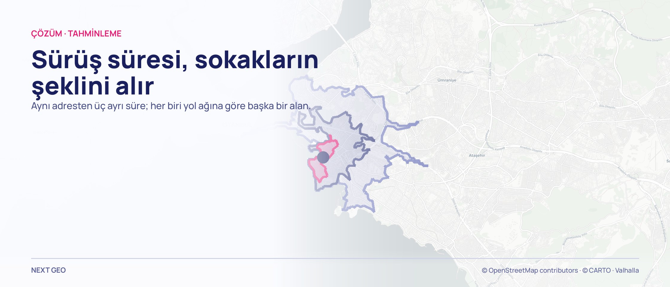 Kadıköy haritasında tek bir noktadan yayılan üç iç içe düzensiz sınır: sokak ağını izleyen sürüş alanları.