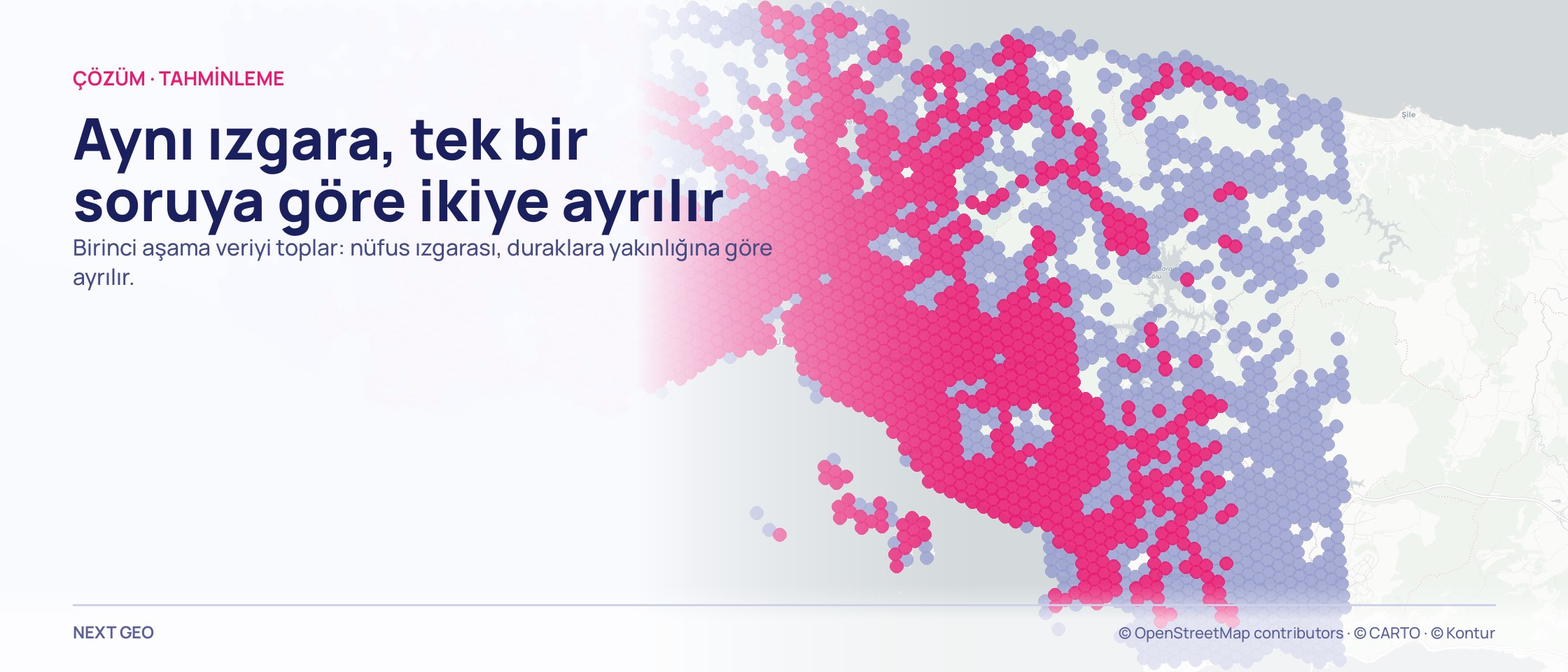 İstanbul haritasında nüfus hücreleri iki renkte: durağa yakın olanlar pembe, uzak olanlar soluk mor.