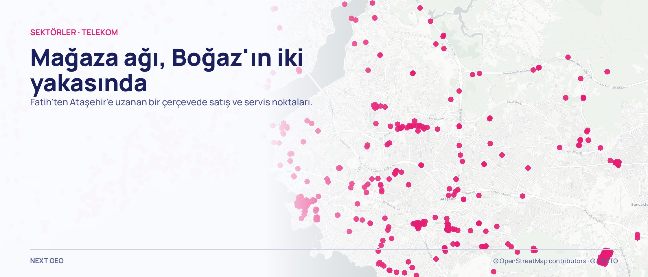 Fatih–Ataşehir çerçevesinde telekom noktalarının pembe nokta bulutu.