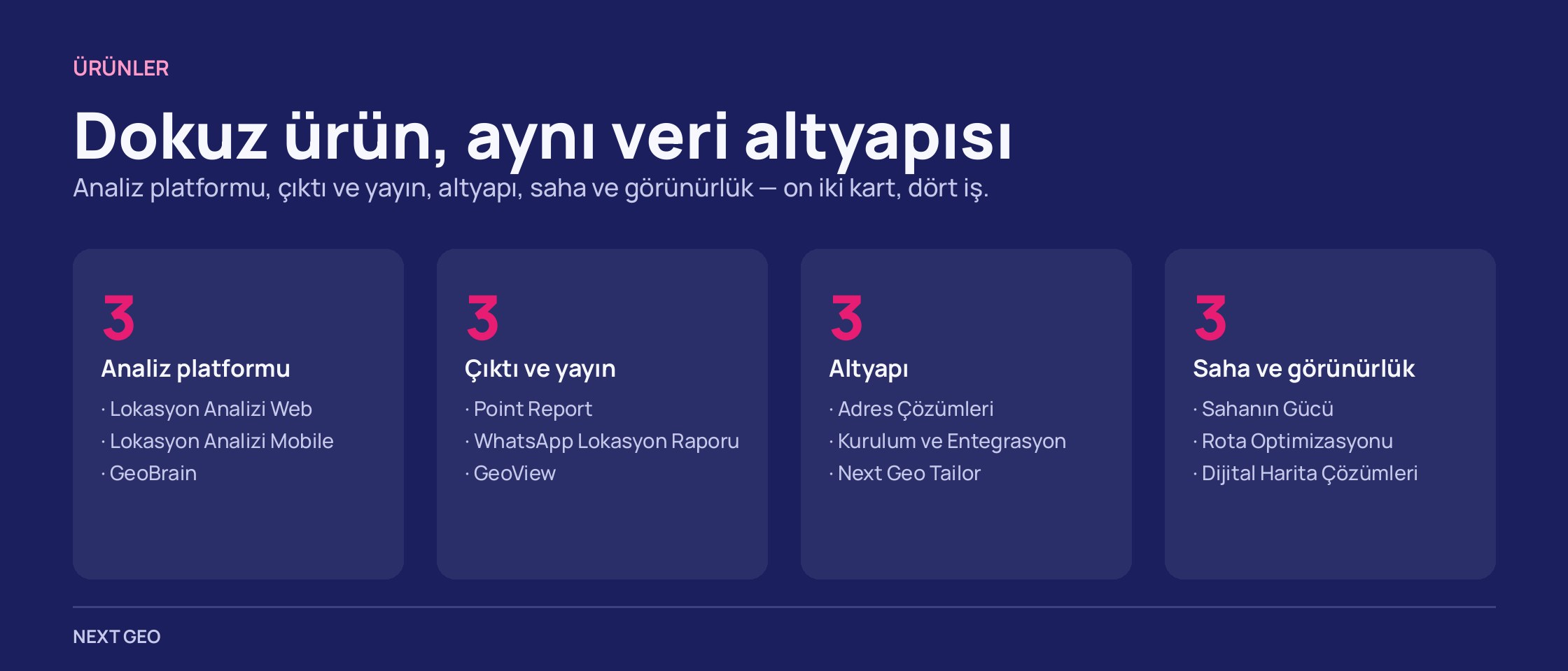 Koyu zeminde dört sütun: analiz platformu 3 kart, çıktı ve yayın 3, altyapı 3, saha ve görünürlük 3 kart.