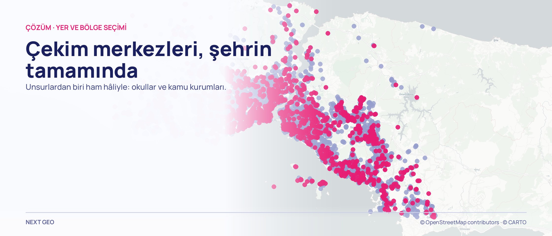 Açık gri İstanbul haritasında iki nokta bulutu: soluk mor noktalar okulları, pembe noktalar kamu kurumlarını gösteriyor; ikisi de kıyı şeridi ve ana akslar boyunca yoğunlaşıyor.