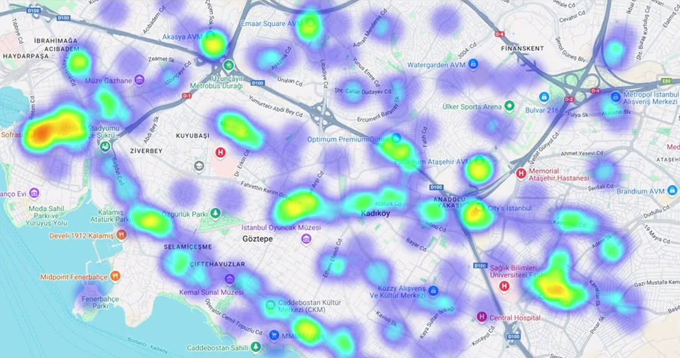 Next Geo platformunda Kadıköy, Göztepe ve Ataşehir çevresi için oluşturulmuş yaya yoğunluğu ısı haritası