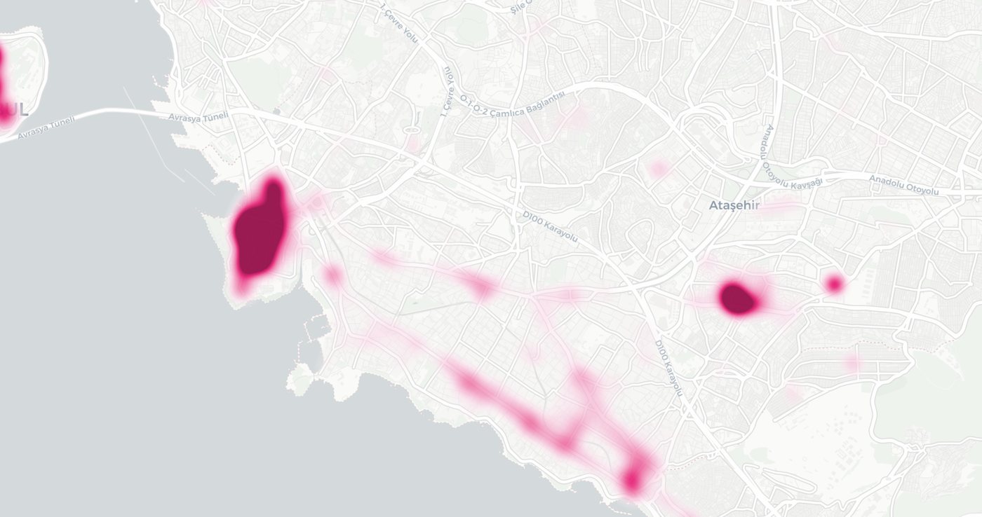 Kadıköy, Göztepe ve Ataşehir çevresini kapsayan gerçek İstanbul haritası; ticari nokta yoğunluğu Kadıköy merkezinde en koyu, ikinci bir koridor Bağdat Caddesi boyunca uzanıyor.