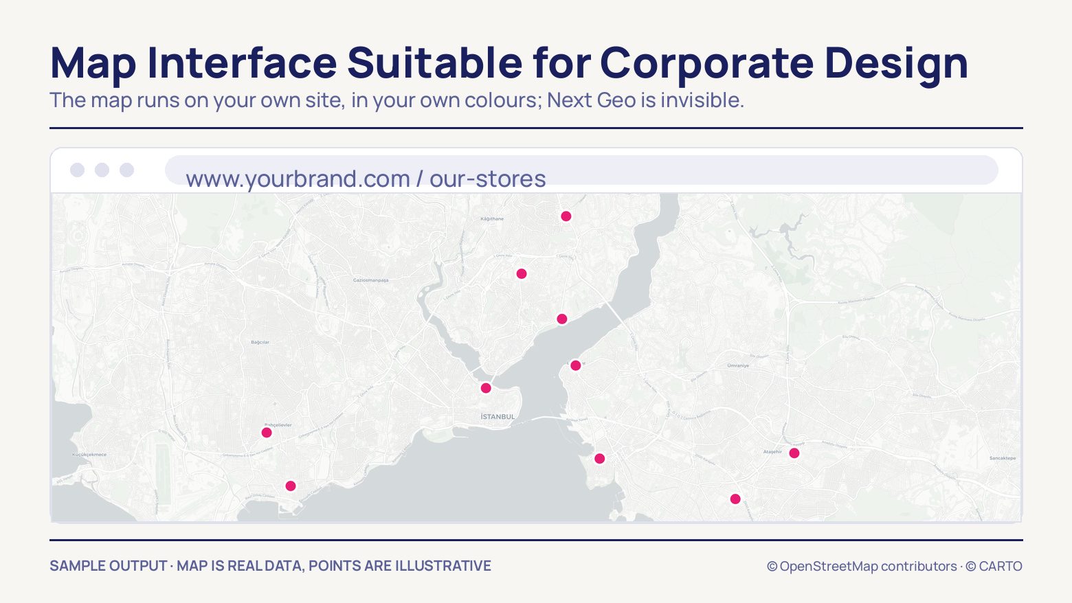 A browser frame carrying the brand's own address bar above a map of Istanbul, with ten magenta store markers spread across both shores.
