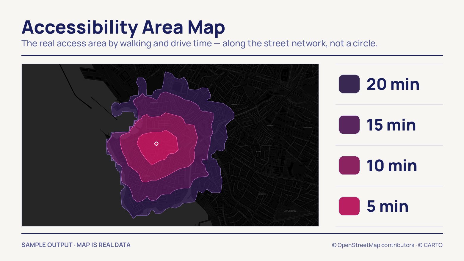 Bands of 5, 10, 15 and 20 minute access areas spreading from one point on a dark map of Istanbul, with a four-colour time key at the right.