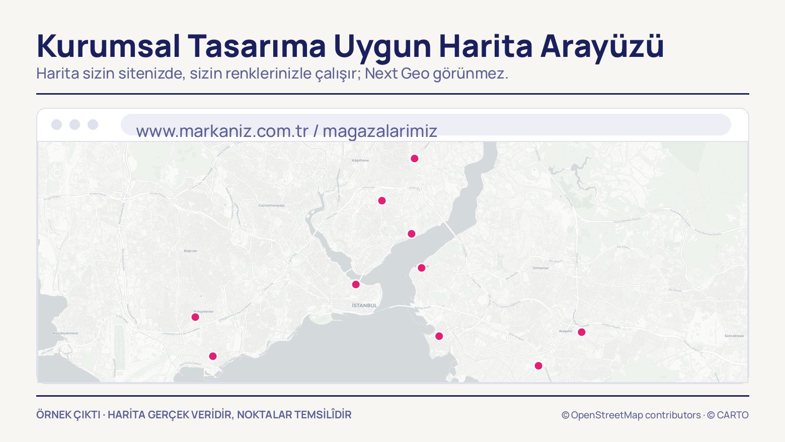 Tarayıcı çerçevesi içinde markanın kendi adres çubuğu ve altında İstanbul haritası; iki yakaya dağılmış on adet magenta mağaza işareti.