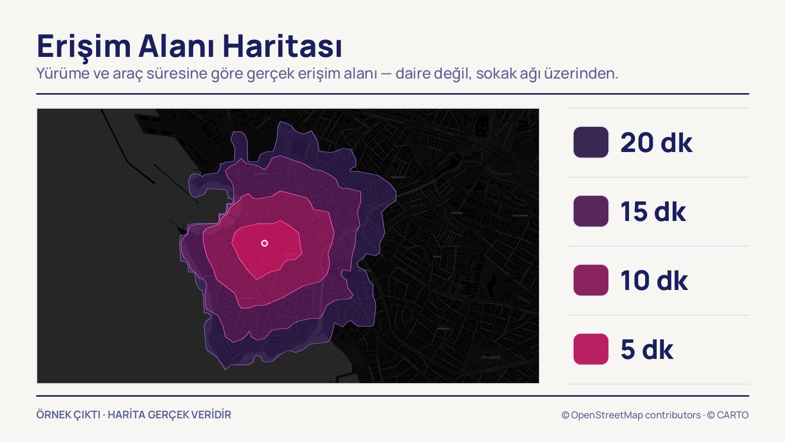Koyu zeminli İstanbul haritası üzerinde bir noktadan çıkan 5, 10, 15 ve 20 dakikalık erişim alanı bantları; sağda dört renkli süre anahtarı.